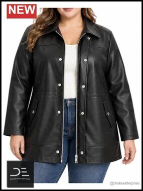 Plus Size Faux Leather Jacket Mid Length Moto Biker Coat
